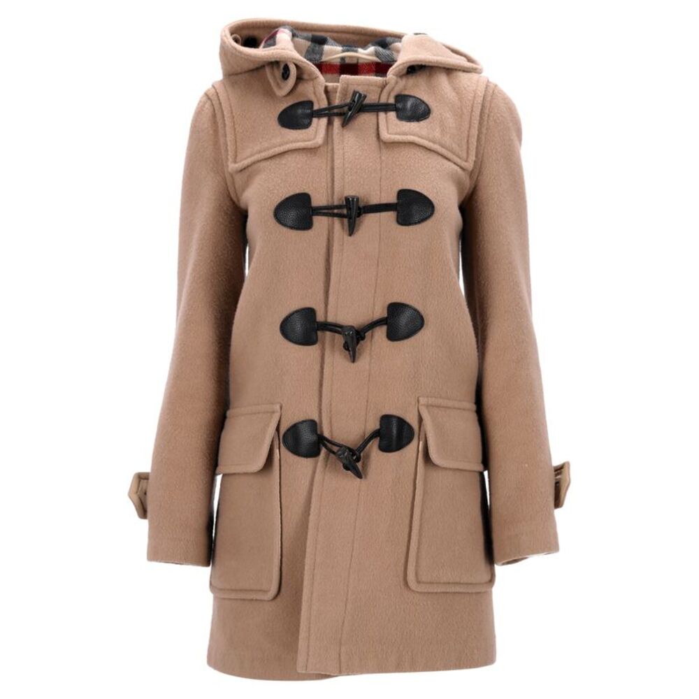 Burberry Camel Tan Wool Toggle Duffle Coat with Black Leather Accents